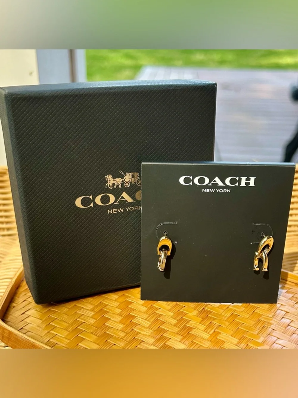 Coach New York Gold Signature C Double Drop Earrings NWT and Coach Gift Box - Picture 3 of 7